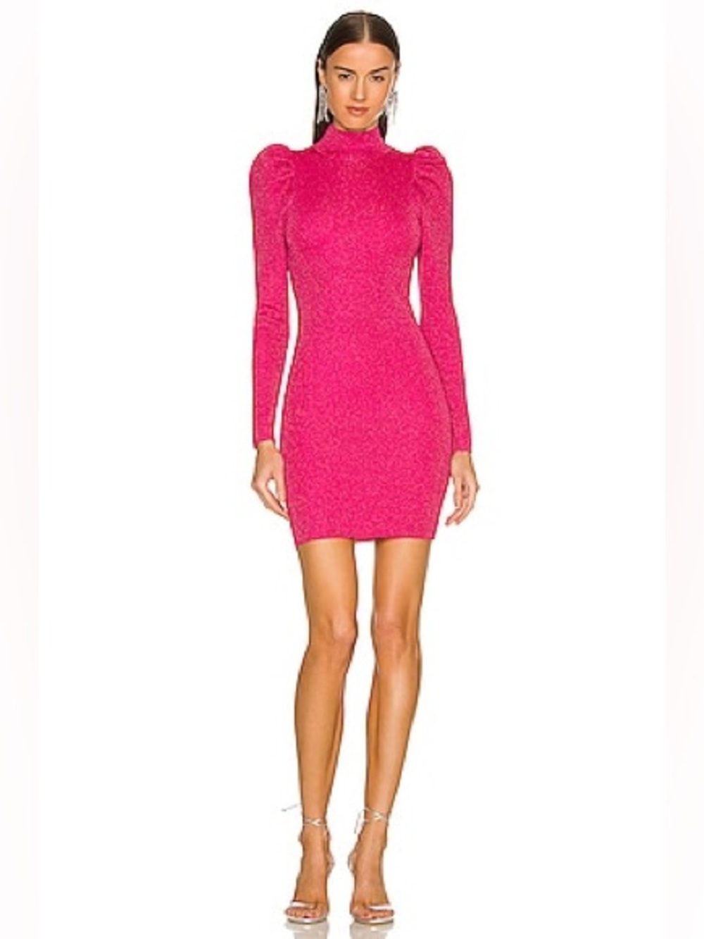 Alice + Olivia Issa Turtleneck Puff Sleeve Dress in Wild Pink Metallic, Size XL